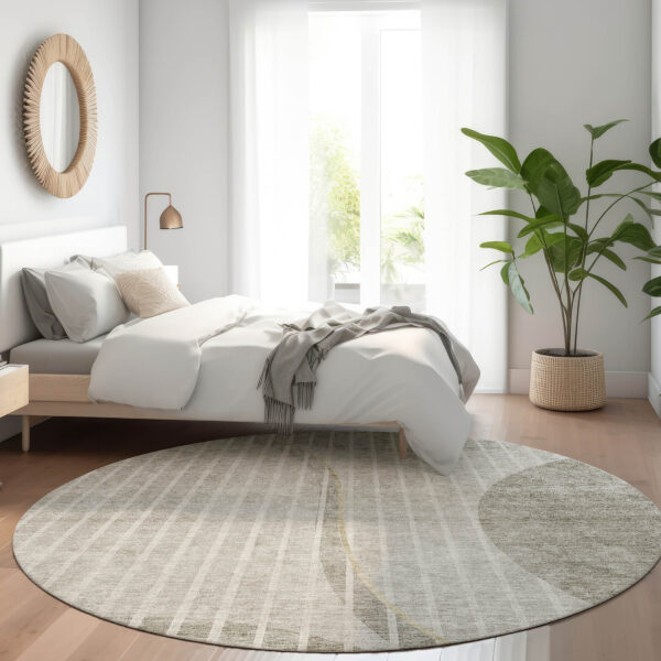 8' Taupe Beige And Ivory Round Striped Washable Indoor Outdoor Area Rug