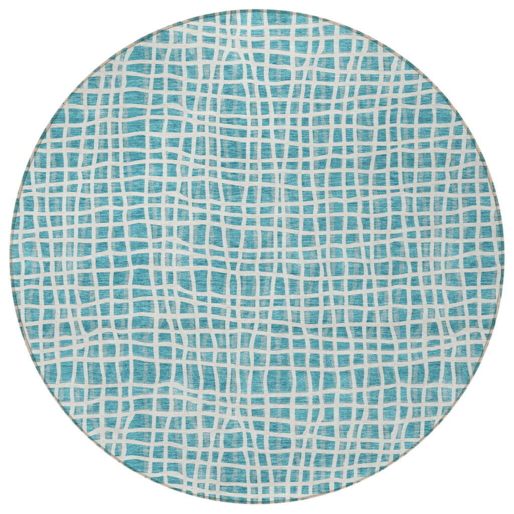 8' Teal Blue And Ivory Round Striped Washable Indoor Outdoor Area Rug