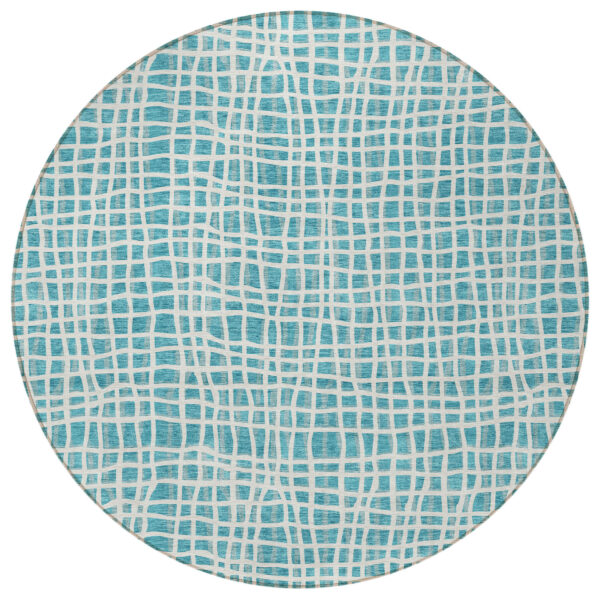 8' Teal Blue And Ivory Round Striped Washable Indoor Outdoor Area Rug