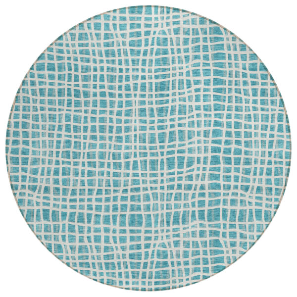 8' Teal Blue And Ivory Round Striped Washable Indoor Outdoor Area Rug