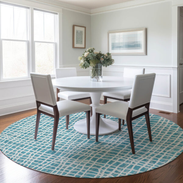 8' Teal Blue And Ivory Round Striped Washable Indoor Outdoor Area Rug