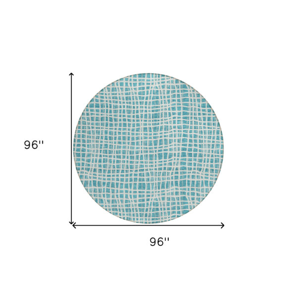 8' Teal Blue And Ivory Round Striped Washable Indoor Outdoor Area Rug