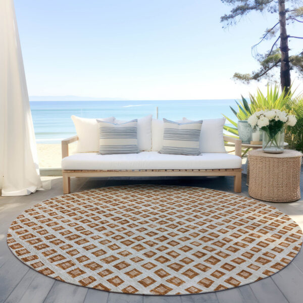 8' Orange Beige And Copper Round Geometric Washable Indoor Outdoor Area Rug