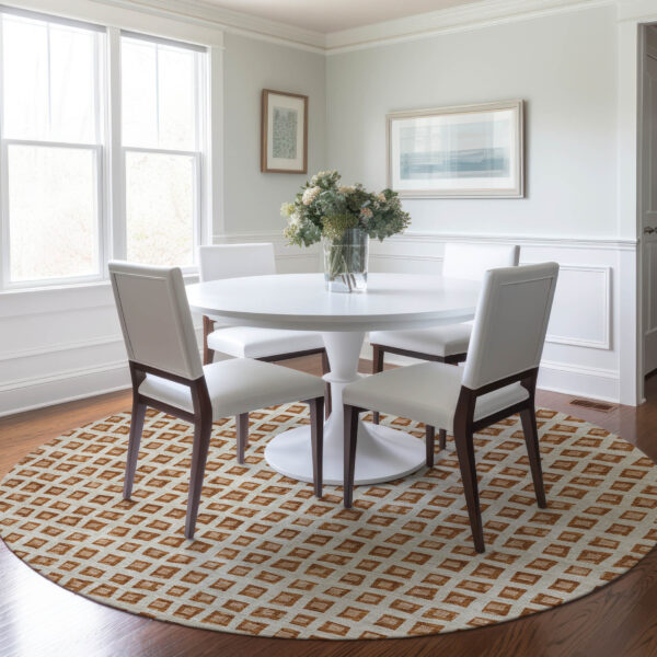8' Orange Beige And Copper Round Geometric Washable Indoor Outdoor Area Rug