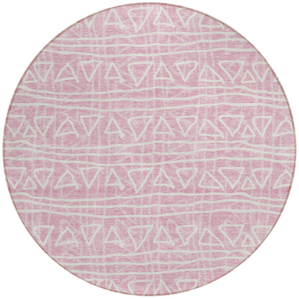 8' Pink And Ivory Round Geometric Washable Indoor Outdoor Area Rug