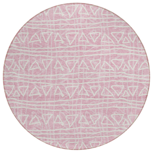 8' Pink And Ivory Round Geometric Washable Indoor Outdoor Area Rug