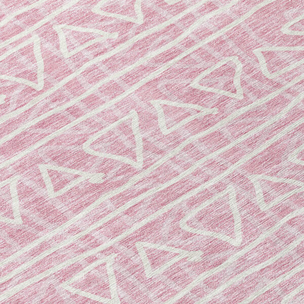 8' Pink And Ivory Round Geometric Washable Indoor Outdoor Area Rug
