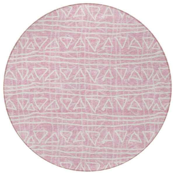 8' Pink And Ivory Round Geometric Washable Indoor Outdoor Area Rug