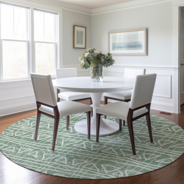 8' Sage Green And Ivory Round Geometric Washable Indoor Outdoor Area Rug