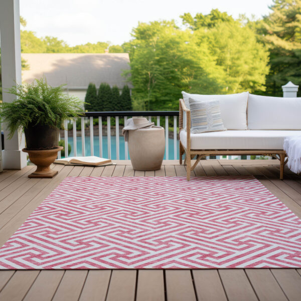 8' X 10' Pink And Ivory Geometric Washable Indoor Outdoor Area Rug