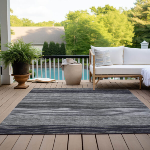5' X 8' Gray Charcoal And Silver Striped Washable Indoor Outdoor Area Rug