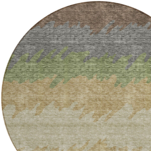 8' Chocolate Gray And Green Round Striped Washable Indoor Outdoor Area Rug