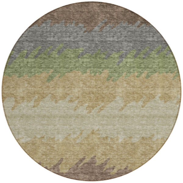 8' Chocolate Gray And Green Round Striped Washable Indoor Outdoor Area Rug