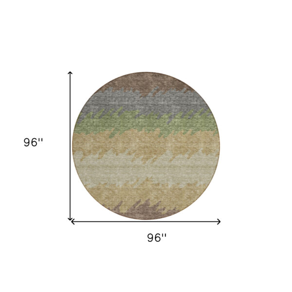 8' Chocolate Gray And Green Round Striped Washable Indoor Outdoor Area Rug