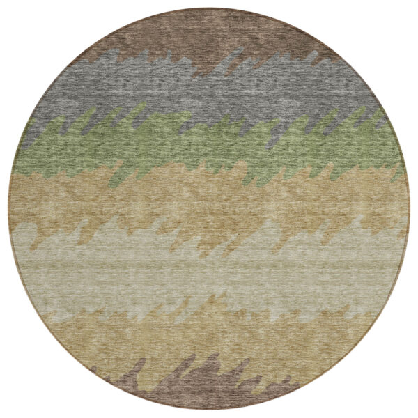 8' Chocolate Gray And Green Round Striped Washable Indoor Outdoor Area Rug
