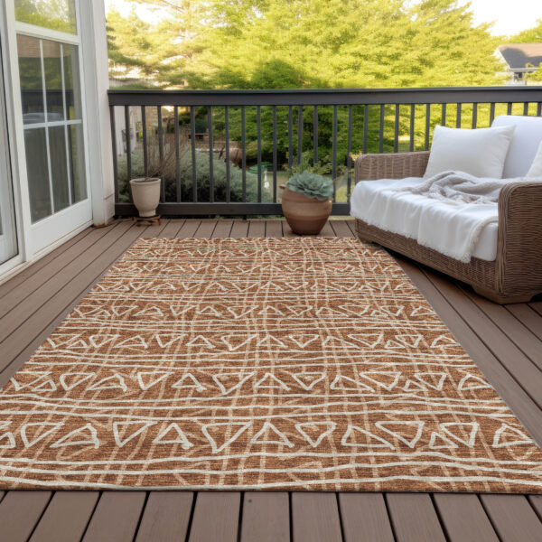 9' X 12' Terra Cotta Copper And Beige Geometric Washable Indoor Outdoor Area Rug