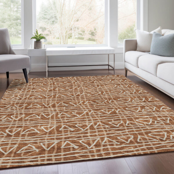 9' X 12' Terra Cotta Copper And Beige Geometric Washable Indoor Outdoor Area Rug