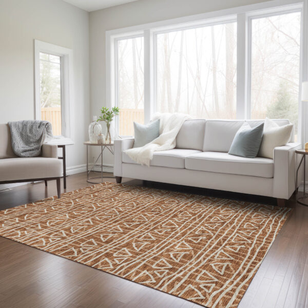 9' X 12' Terra Cotta Copper And Beige Geometric Washable Indoor Outdoor Area Rug