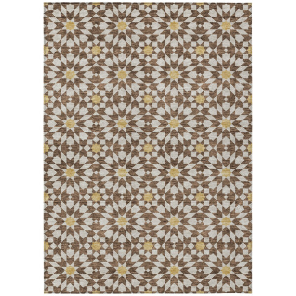 9' X 12' Chocolate Ivory And Gold Floral Medallion Washable Indoor Outdoor Area Rug