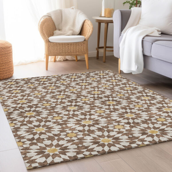 9' X 12' Chocolate Ivory And Gold Floral Medallion Washable Indoor Outdoor Area Rug