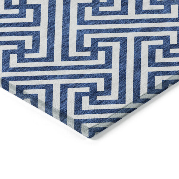 8' Blue And Ivory Round Geometric Washable Indoor Outdoor Area Rug
