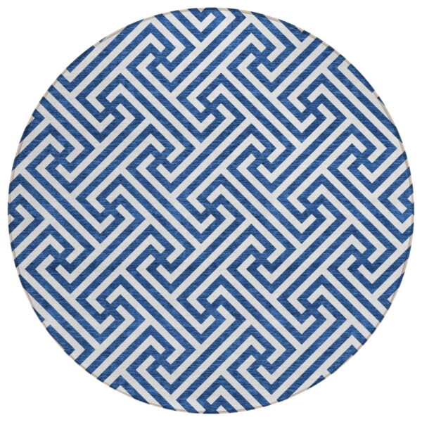 8' Blue And Ivory Round Geometric Washable Indoor Outdoor Area Rug