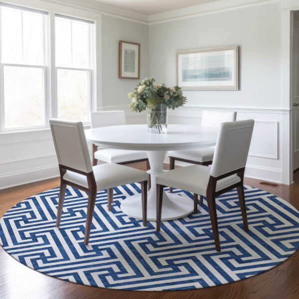8' Blue And Ivory Round Geometric Washable Indoor Outdoor Area Rug