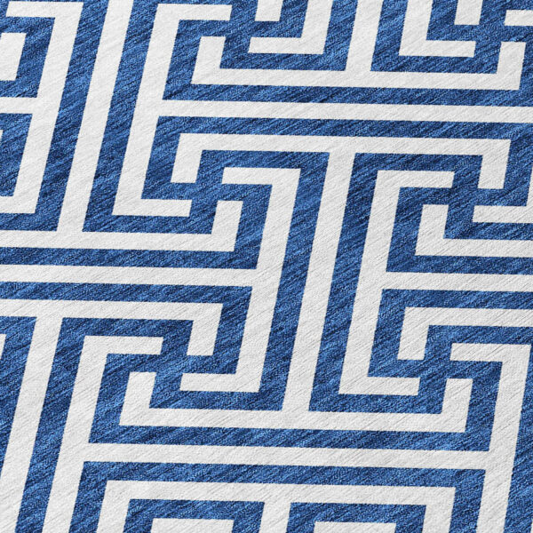 8' Blue And Ivory Round Geometric Washable Indoor Outdoor Area Rug