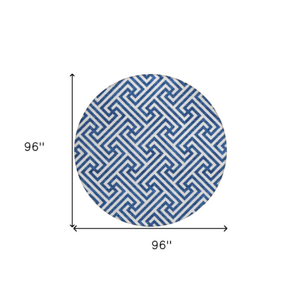 8' Blue And Ivory Round Geometric Washable Indoor Outdoor Area Rug