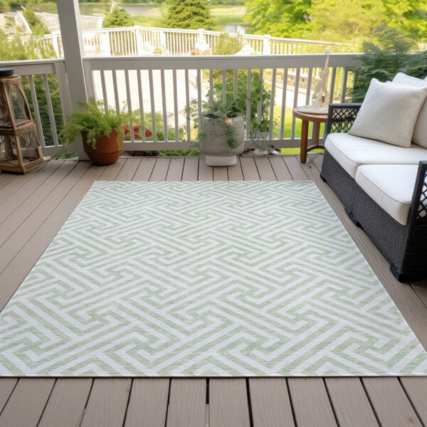 5' X 8' Mint Green Artichoke Green And Ivory Geometric Washable Indoor Outdoor Area Rug