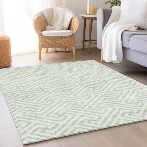5' X 8' Mint Green Artichoke Green And Ivory Geometric Washable Indoor Outdoor Area Rug