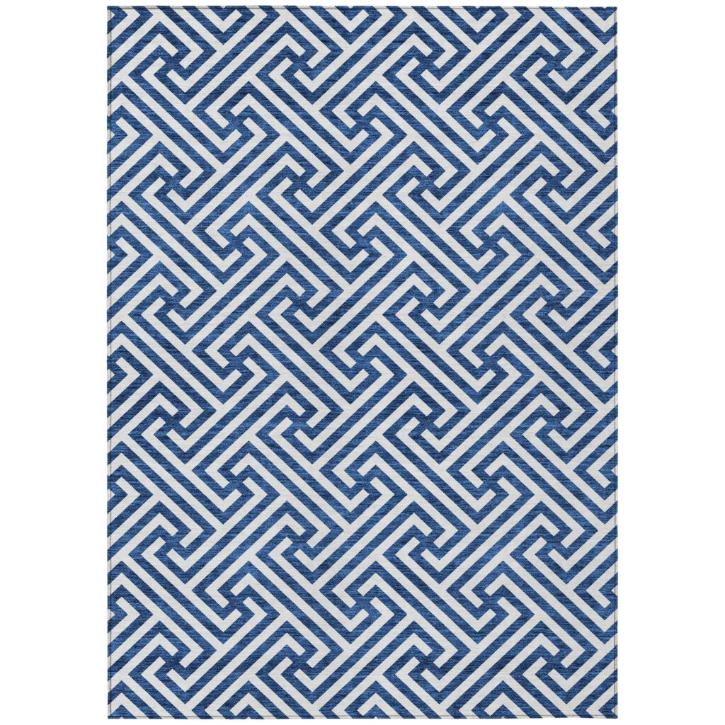 3' X 5' Blue And Ivory Geometric Washable Indoor Outdoor Area Rug