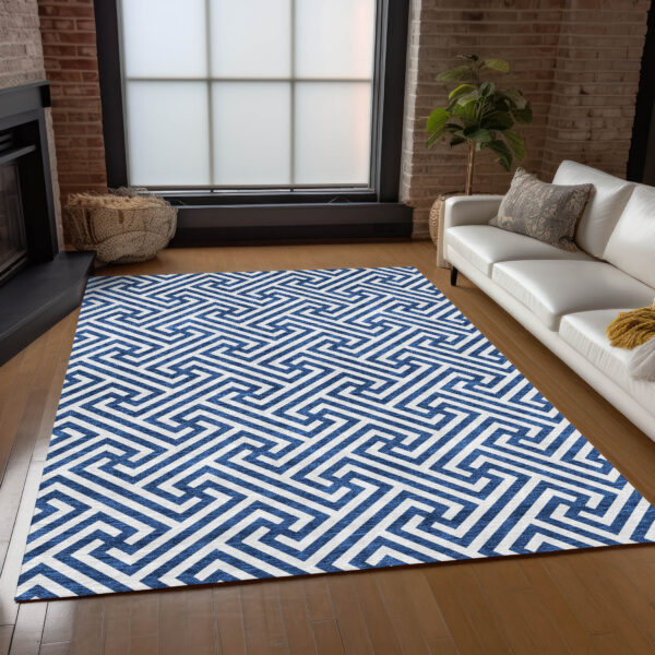 3' X 5' Blue And Ivory Geometric Washable Indoor Outdoor Area Rug