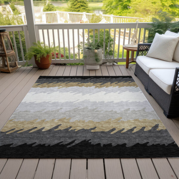 10' X 14' Black Charcoal And Silver Striped Washable Indoor Outdoor Area Rug