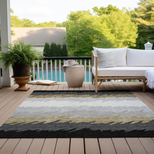 10' X 14' Black Charcoal And Silver Striped Washable Indoor Outdoor Area Rug