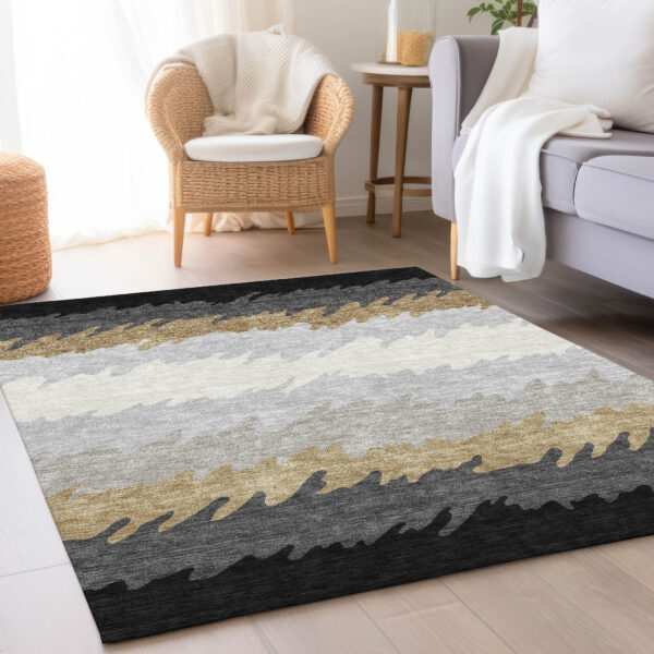 10' X 14' Black Charcoal And Silver Striped Washable Indoor Outdoor Area Rug