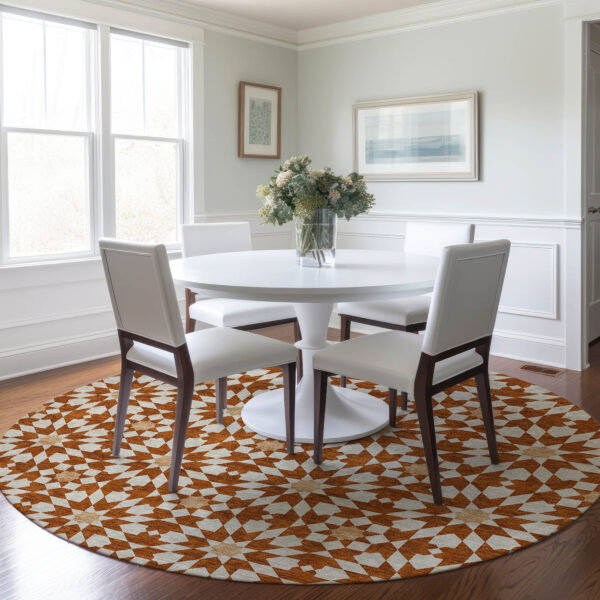8' Orange Beige And Copper Round Floral Medallion Washable Indoor Outdoor Area Rug