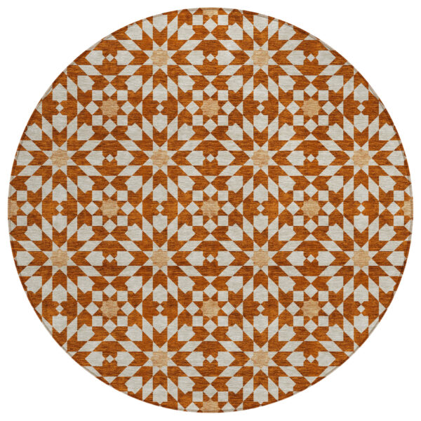 8' Orange Beige And Copper Round Floral Medallion Washable Indoor Outdoor Area Rug
