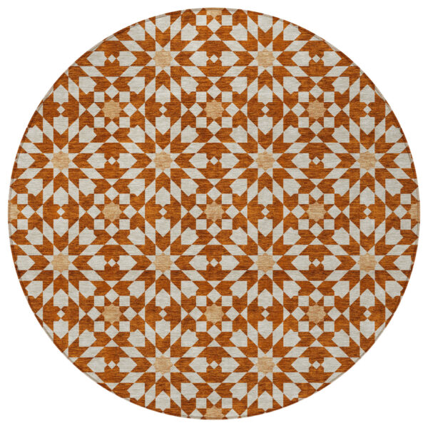 8' Orange Beige And Copper Round Floral Medallion Washable Indoor Outdoor Area Rug