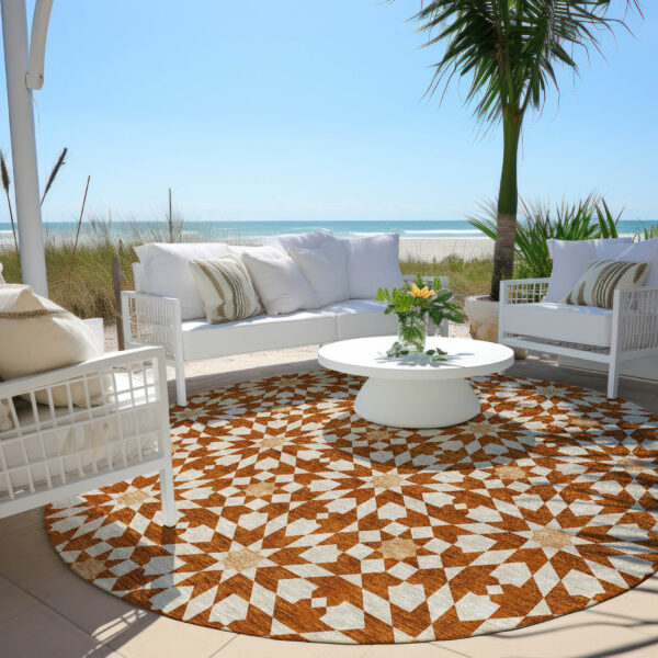 8' Orange Beige And Copper Round Floral Medallion Washable Indoor Outdoor Area Rug