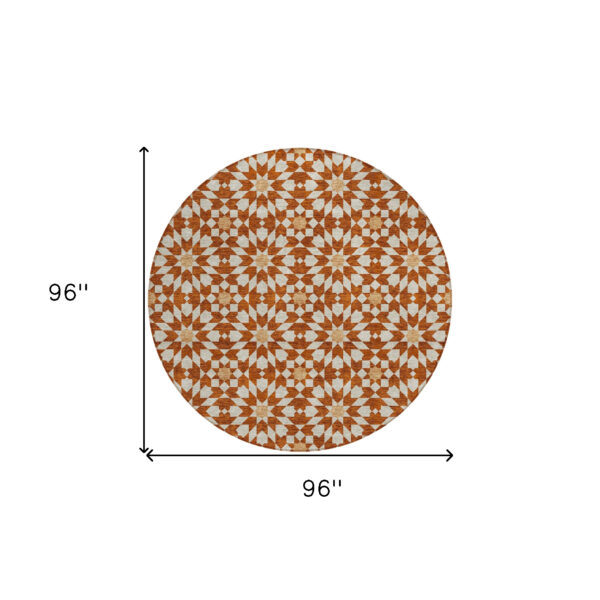 8' Orange Beige And Copper Round Floral Medallion Washable Indoor Outdoor Area Rug