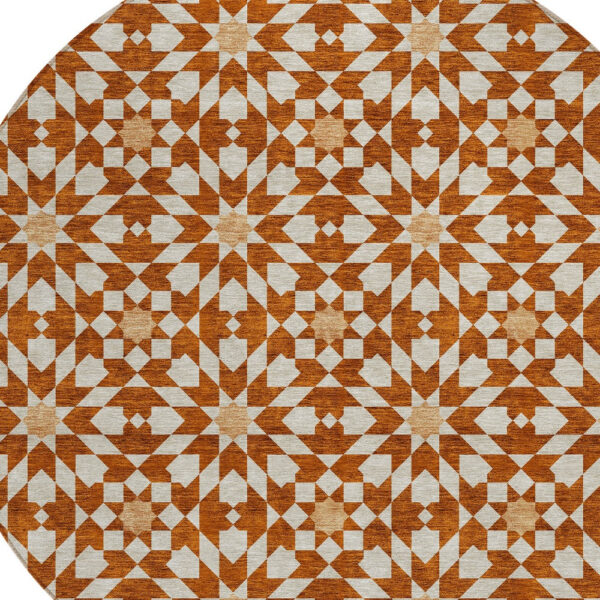 8' Orange Beige And Copper Round Floral Medallion Washable Indoor Outdoor Area Rug