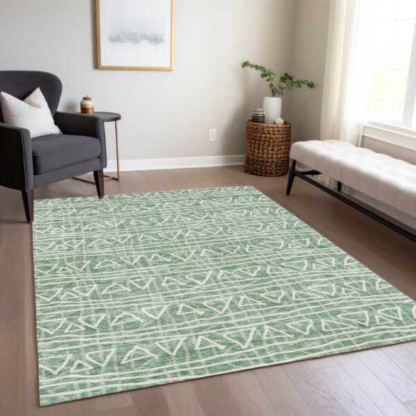 10' X 14' Sage Green And Ivory Geometric Washable Indoor Outdoor Area Rug