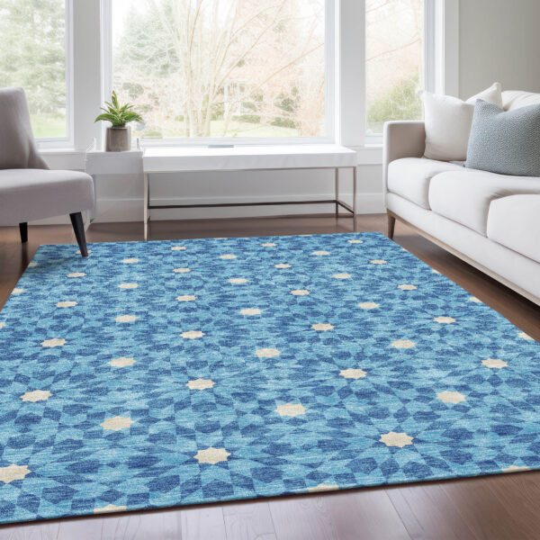 3' X 5' Denim Blue And Ivory Floral Medallion Washable Indoor Outdoor Area Rug