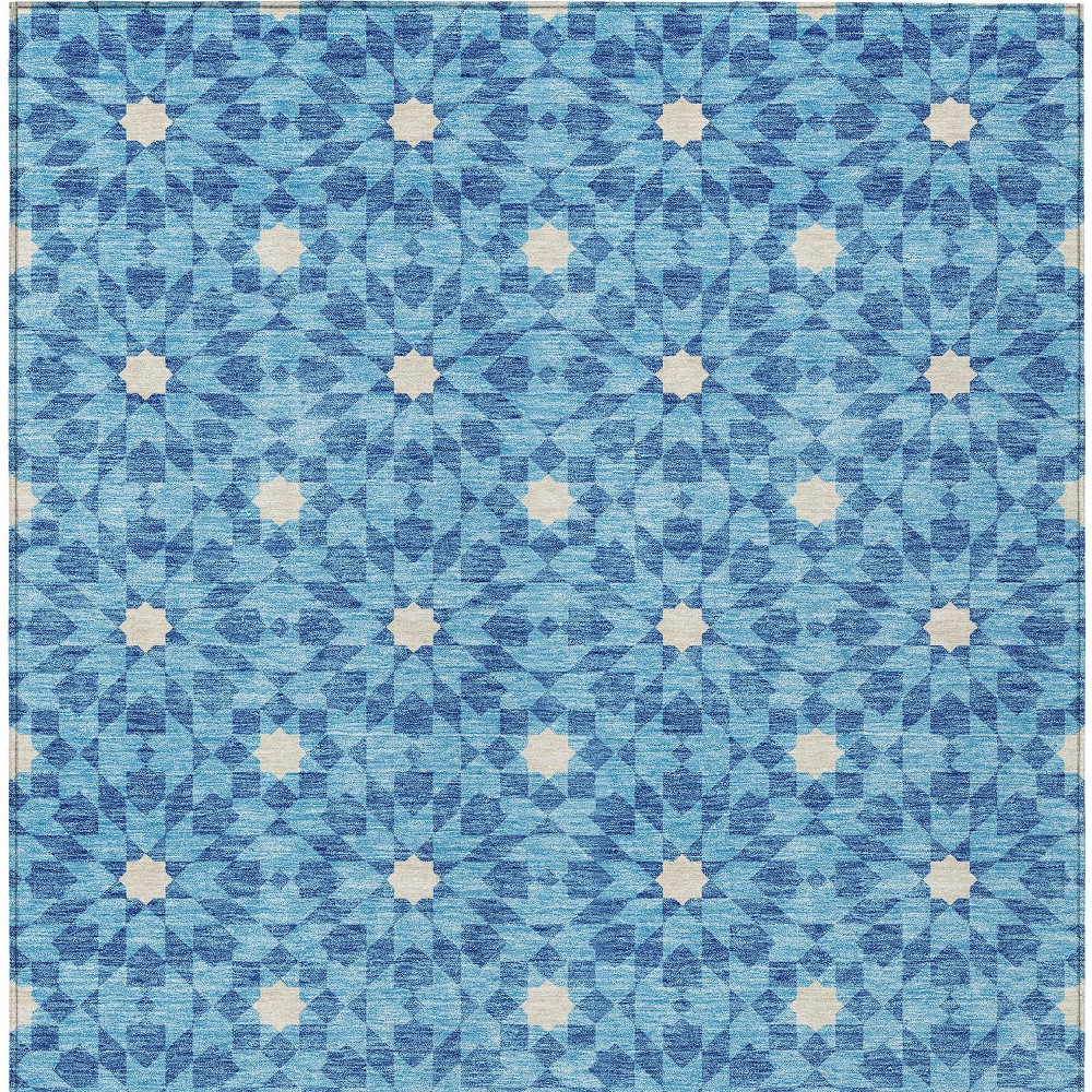 8' X 10' Denim Blue And Ivory Floral Medallion Washable Indoor Outdoor Area Rug