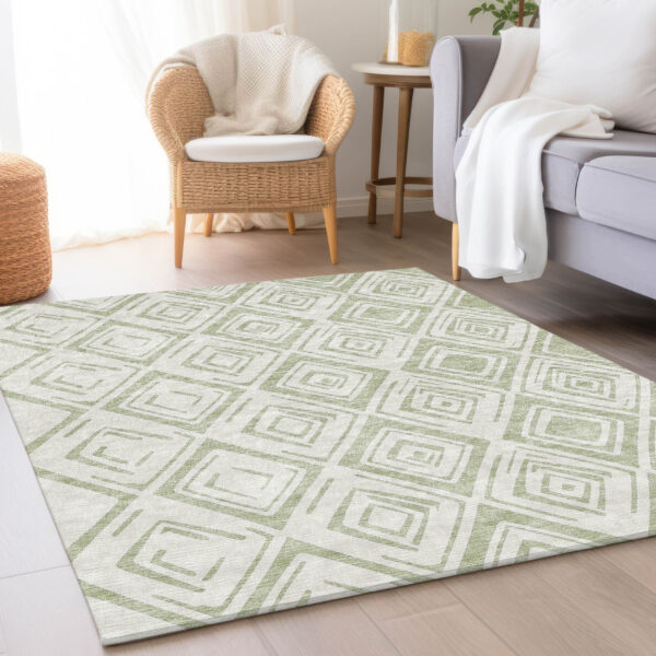 9' X 12' Artichoke Green And Ivory Geometric Washable Indoor Outdoor Area Rug