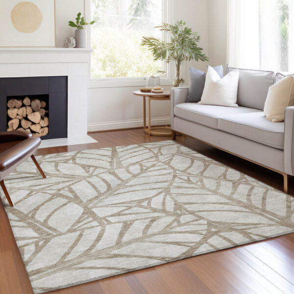 3' X 5' Beige And Brown Floral Washable Indoor Outdoor Area Rug