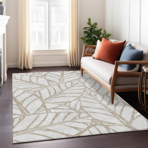 3' X 5' Beige And Brown Floral Washable Indoor Outdoor Area Rug