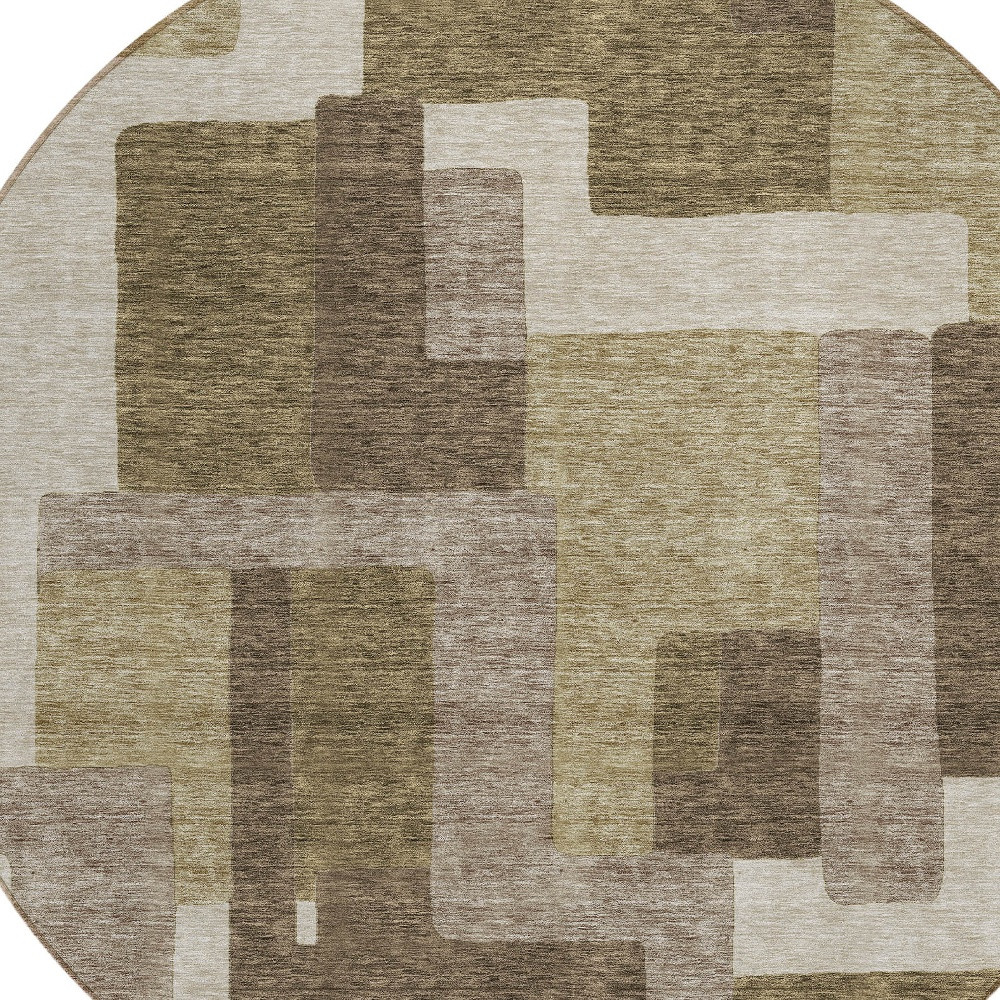 8' Brown And Beige Round Abstract Washable Indoor Outdoor Area Rug