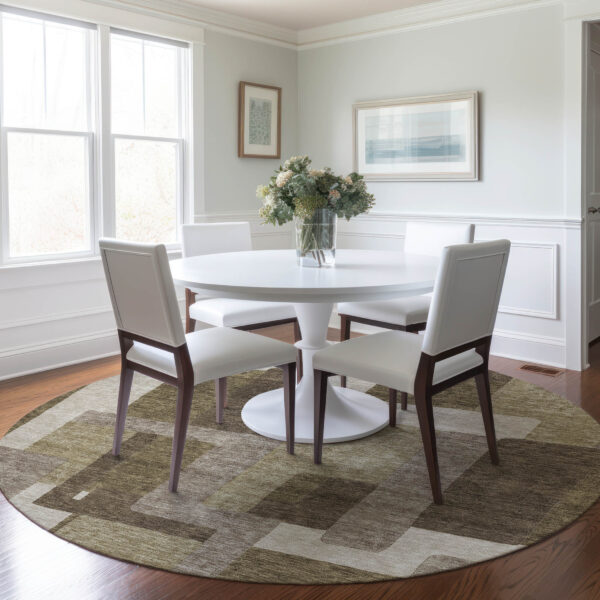 8' Brown And Beige Round Abstract Washable Indoor Outdoor Area Rug